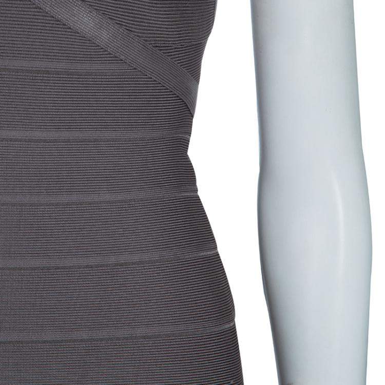 Pre Owned Herve Leger Grey Cross Back PU Sequin Embellished Bandage Dress S