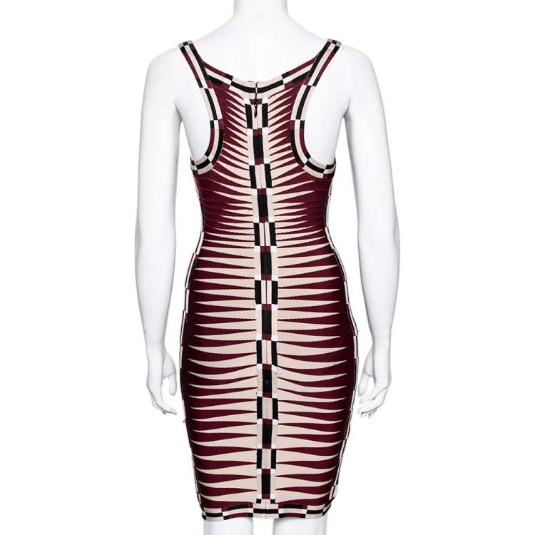 Pre Owned Herve Leger Maroon & Cream Patterned Stretch Knit Karlie Short Dress XS