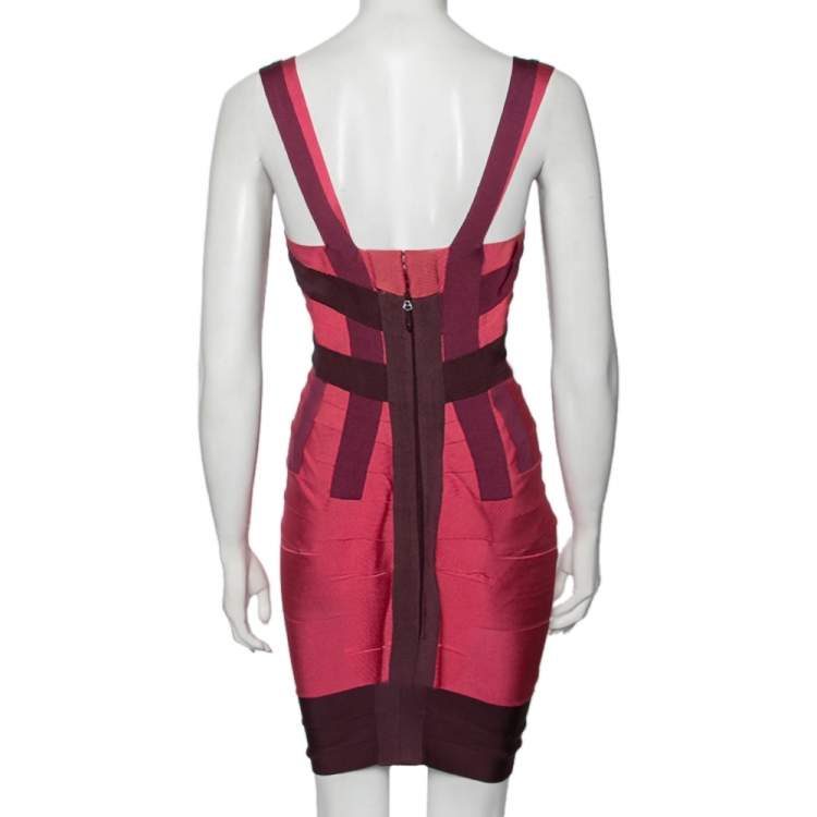 Pre Owned Herve Leger Pink Knit Tonal Panel Detail Double Strap Bandage Dress XXS
