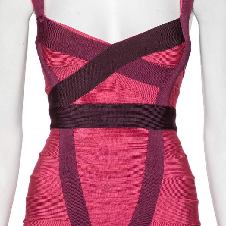 Pre Owned Herve Leger Pink Knit Tonal Panel Detail Double Strap Bandage Dress XXS