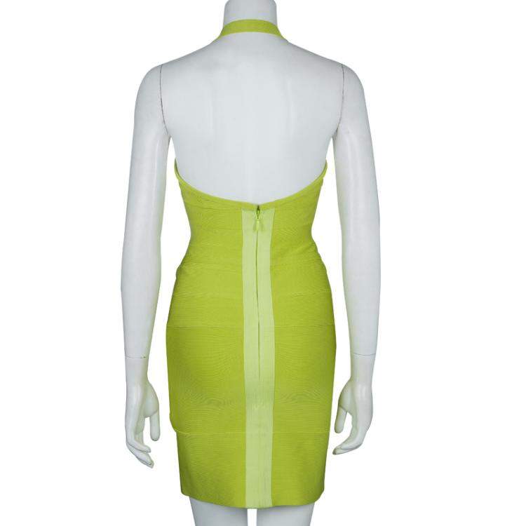 Pre Owned Herve Leger Neon Green Knit Halter Bandage Dress S