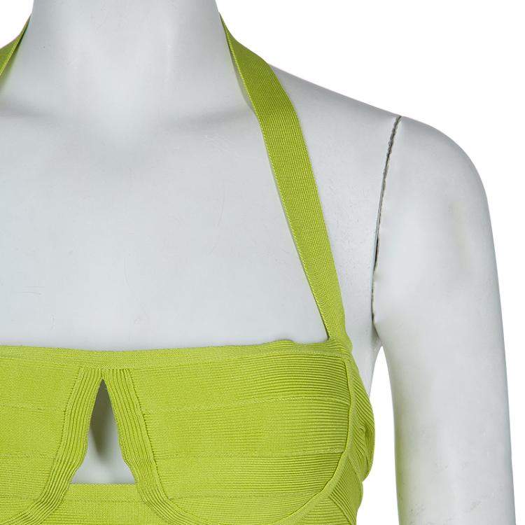 Pre Owned Herve Leger Neon Green Knit Halter Bandage Dress S