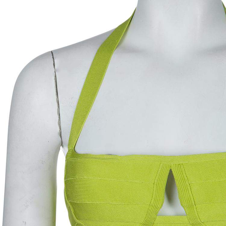 Pre Owned Herve Leger Neon Green Knit Halter Bandage Dress S