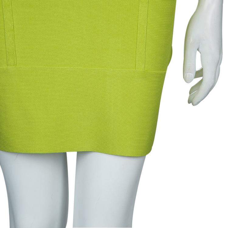 Pre Owned Herve Leger Neon Green Knit Halter Bandage Dress S