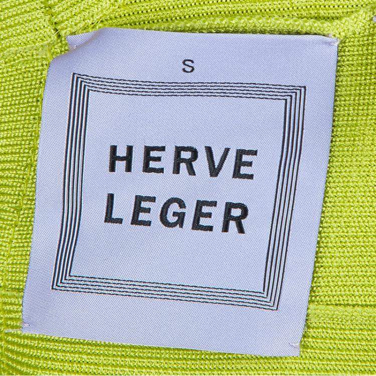 Pre Owned Herve Leger Neon Green Knit Halter Bandage Dress S