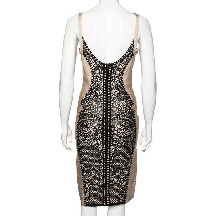 Pre Owned Herve Leger Light Beige Bandage Laser Cut Detailed Bodycon Dress M