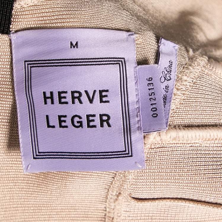 Pre Owned Herve Leger Light Beige Bandage Laser Cut Detailed Bodycon Dress M
