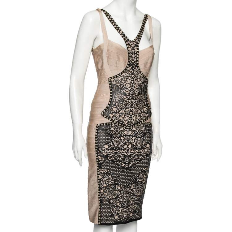 Pre Owned Herve Leger Light Beige Bandage Laser Cut Detailed Bodycon Dress M