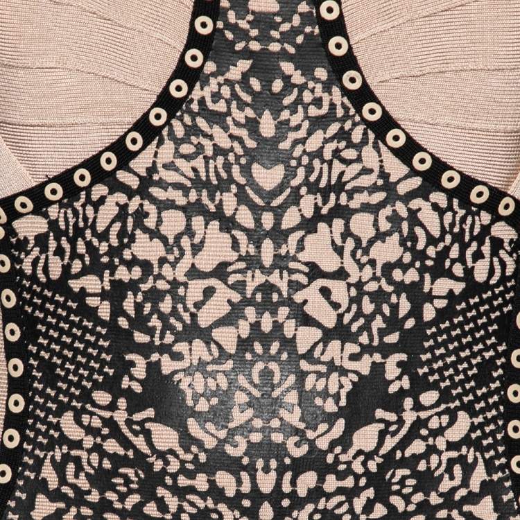 Pre Owned Herve Leger Light Beige Bandage Laser Cut Detailed Bodycon Dress M