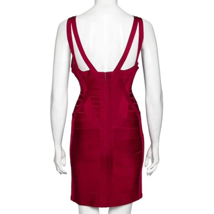 Pre Owned Herve Leger Burgundy Bandage Bodycon Dress M