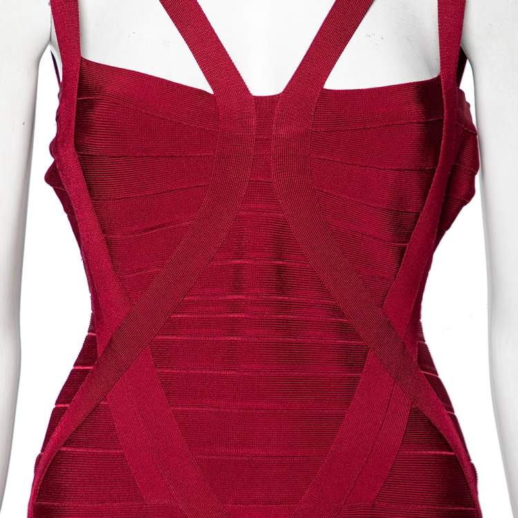 Pre Owned Herve Leger Burgundy Bandage Bodycon Dress M