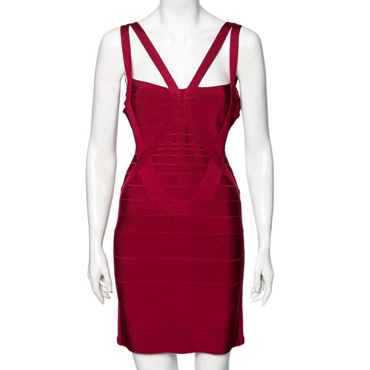 Pre Owned Herve Leger Burgundy Bandage Bodycon Dress M