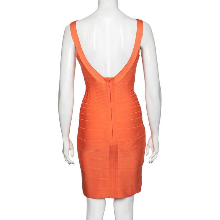 مملوكة مسبقًا Herve Leger Orange Bandage Sleeveless Bodycon Dress S
