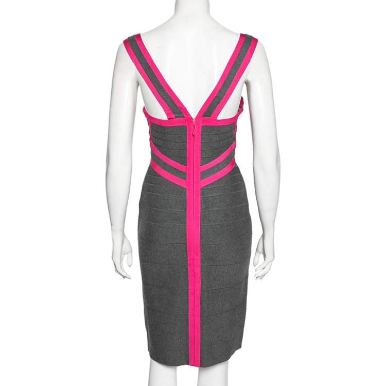 Pre Owned Herve Leger Grey and Pink Bandage Sleeveless Bodycon Dress M