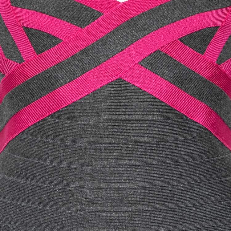 Pre Owned Herve Leger Grey and Pink Bandage Sleeveless Bodycon Dress M