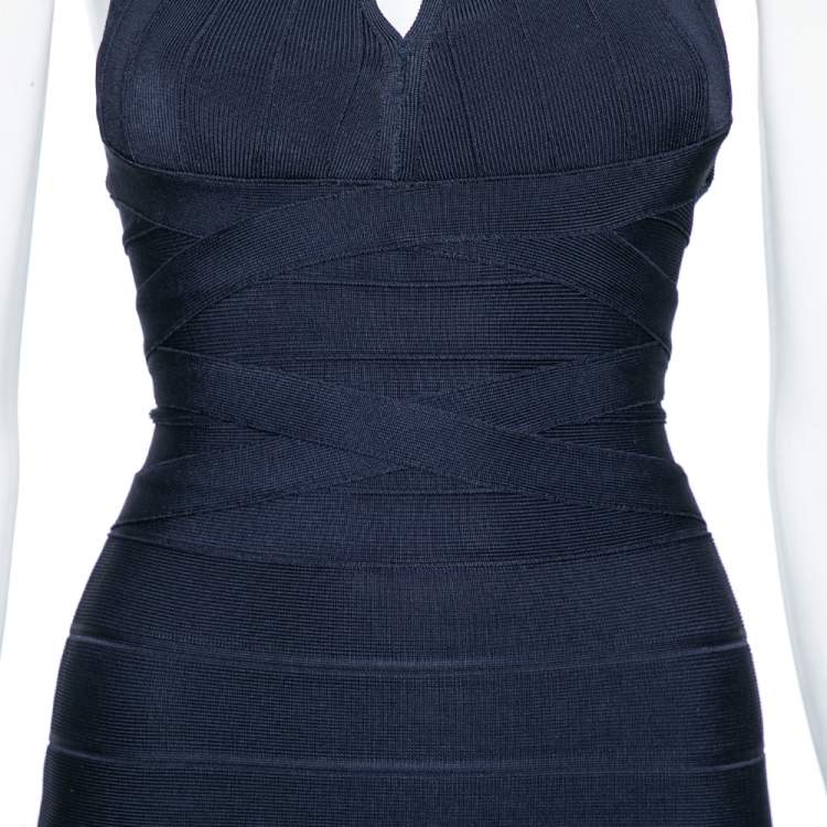 Pre Owned Herve Leger Navy Blue Bandage Bodycon Halter Neck Maxi Dress XS