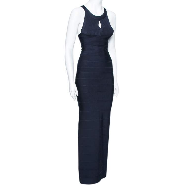 Herve Leger Navy Blue Bandage Bodycon Halter Neck Maxi Dress XS