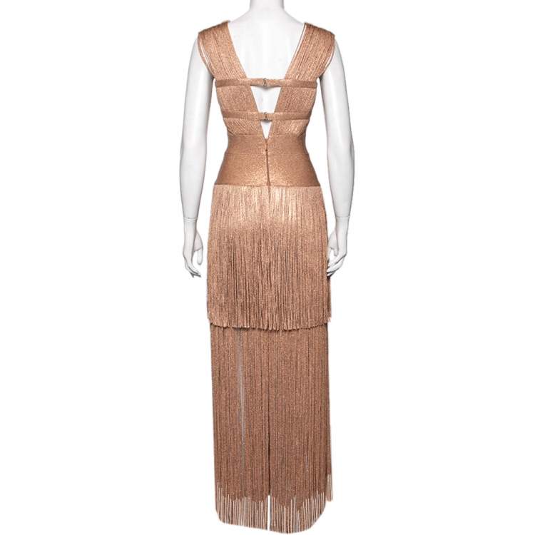 مملوكة مسبقًا Herve Leger Gold Bandage Fringed Bodycon Evening Dress XS