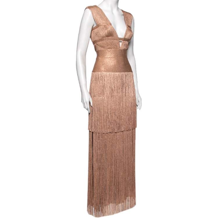 مملوكة مسبقًا Herve Leger Gold Bandage Fringed Bodycon Evening Dress XS