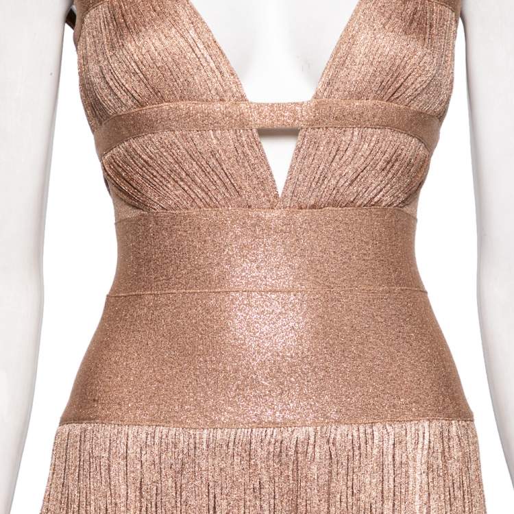 مملوكة مسبقًا Herve Leger Gold Bandage Fringed Bodycon Evening Dress XS