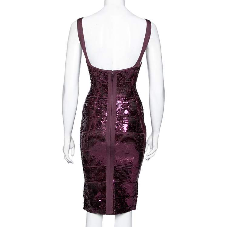 Pre Owned Herve Leger Purple Sequin Embellished Bandage Sleeveless Bodycon Dress S
