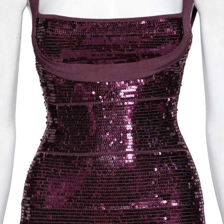 Pre Owned Herve Leger Purple Sequin Embellished Bandage Sleeveless Bodycon Dress S