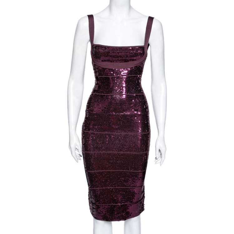 Pre Owned Herve Leger Purple Sequin Embellished Bandage Sleeveless Bodycon Dress S
