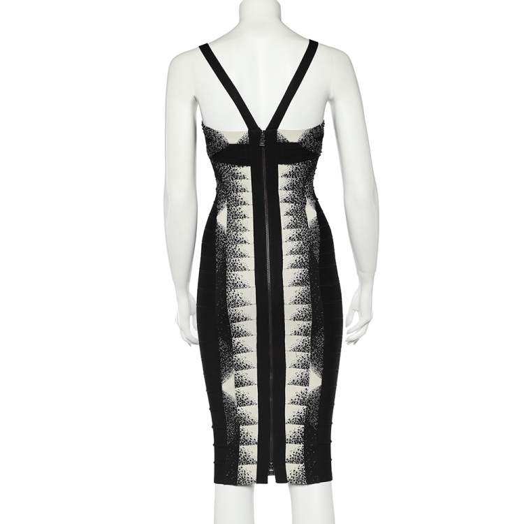 Pre Owned Herve Leger Monochrome Crystal Embellished Stretch Knit Bodycon Dress S