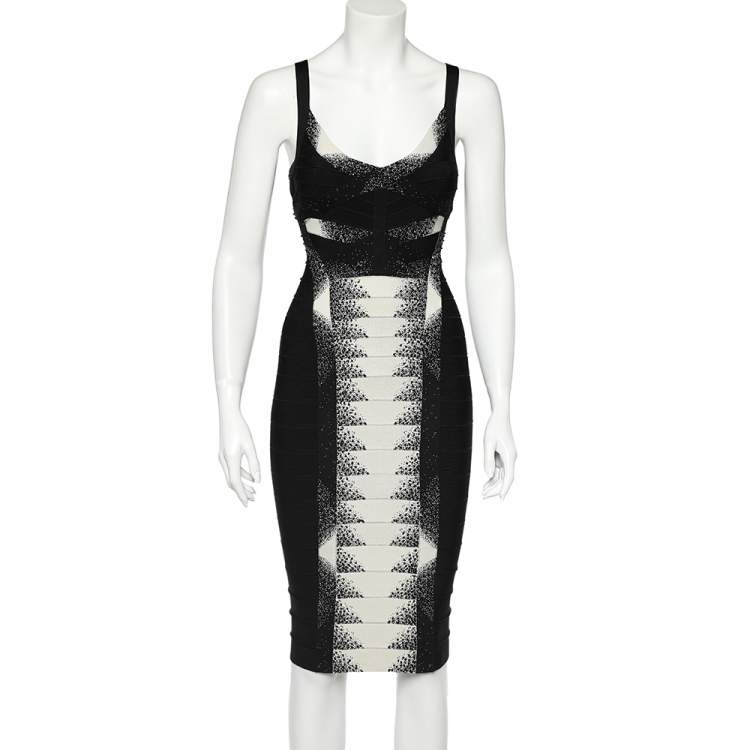 Pre Owned Herve Leger Monochrome Crystal Embellished Stretch Knit Bodycon Dress S