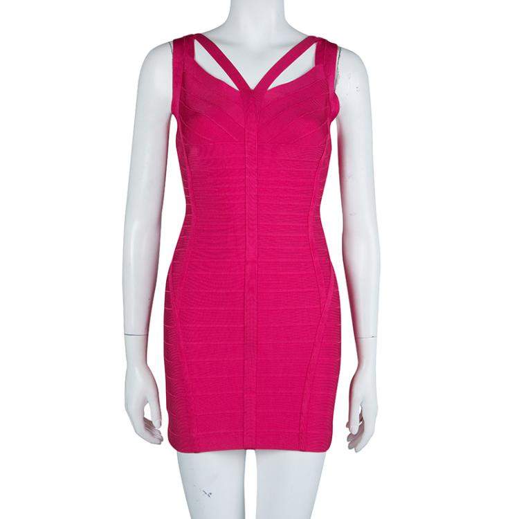Pre Owned Herve Leger Pink Knit Sleeveless Bandage Dress S