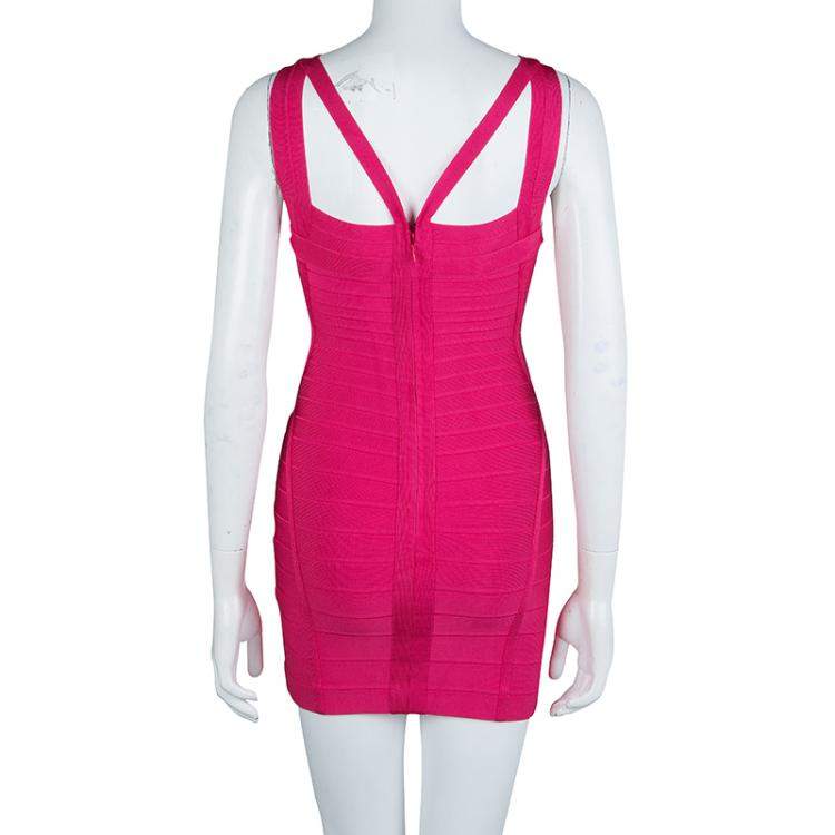 Pre Owned Herve Leger Pink Knit Sleeveless Bandage Dress S