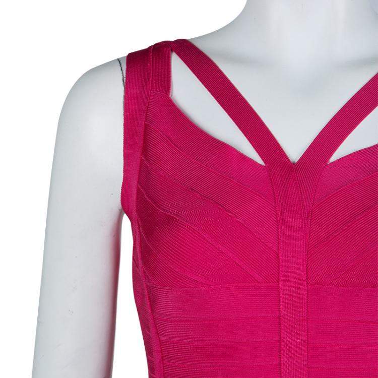 Pre Owned Herve Leger Pink Knit Sleeveless Bandage Dress S