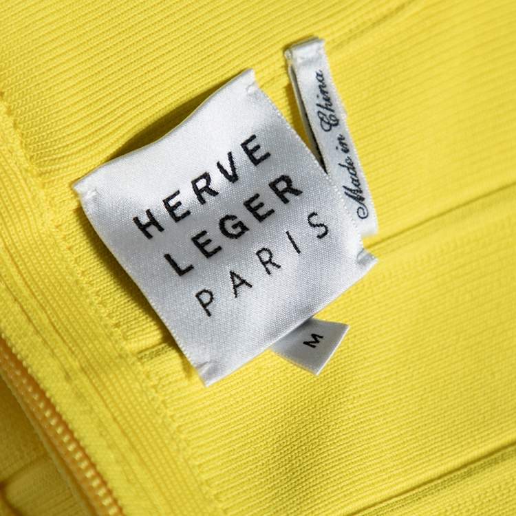 Pre Owned Herve Leger Yellow Bandage Convertible Strap Bodycon Dress M