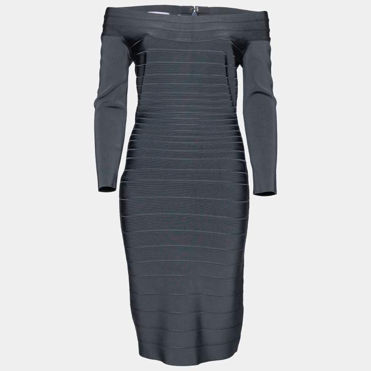 Pre Owned Herve Leger Grey Knit Off Shoulder Candice Bandage Dress M