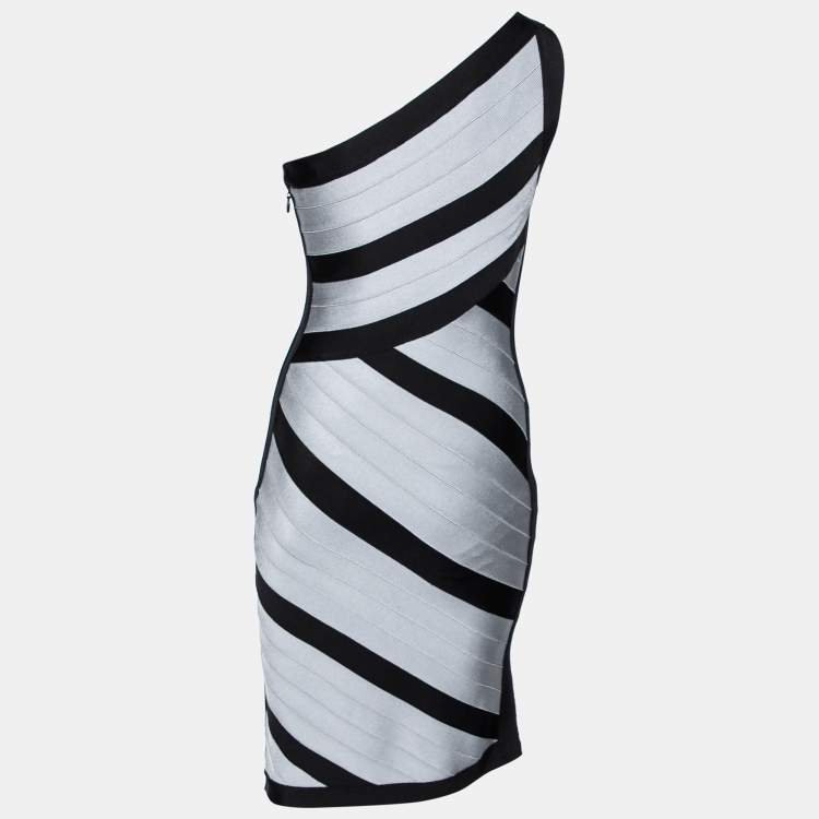 Pre Owned Herve Leger Black & Grey Bandage One Shoulder Bodycon Dress M