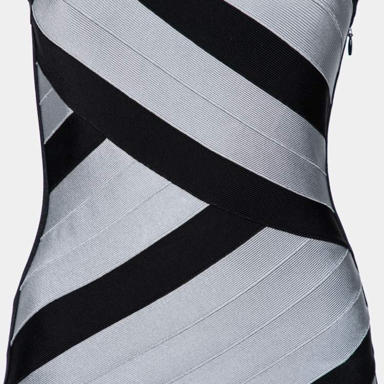 Pre Owned Herve Leger Black & Grey Bandage One Shoulder Bodycon Dress M