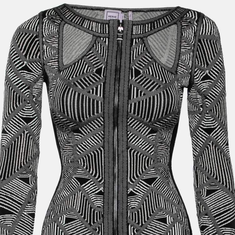 Pre Owned Herve Leger Monochrome Jacquard Knit Axelle Bodycon Dress XS