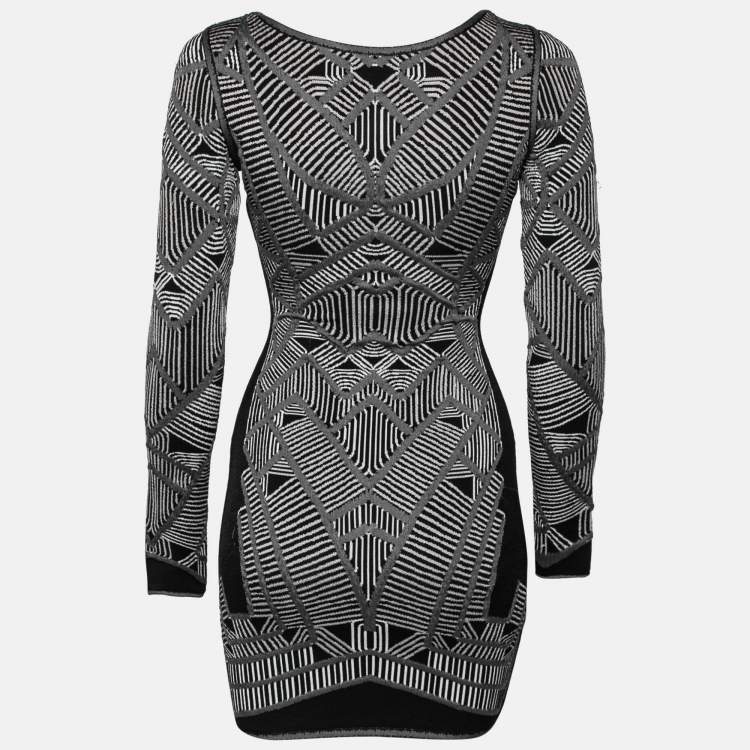 Pre Owned Herve Leger Monochrome Jacquard Knit Axelle Bodycon Dress XS