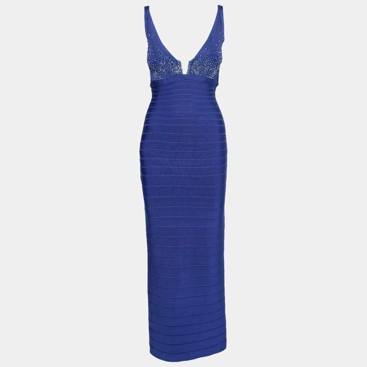 مملوكة مسبقًا Herve Leger Blue Bandage Embellished Plunge Neck Bodycon Dress S
