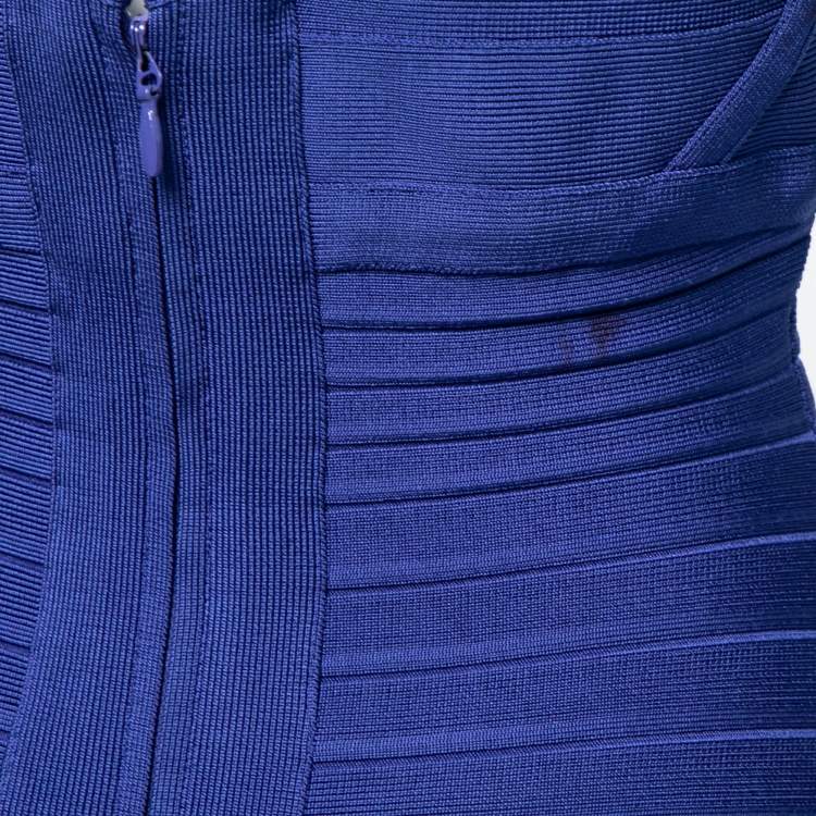 مملوكة مسبقًا Herve Leger Blue Bandage Embellished Plunge Neck Bodycon Dress S