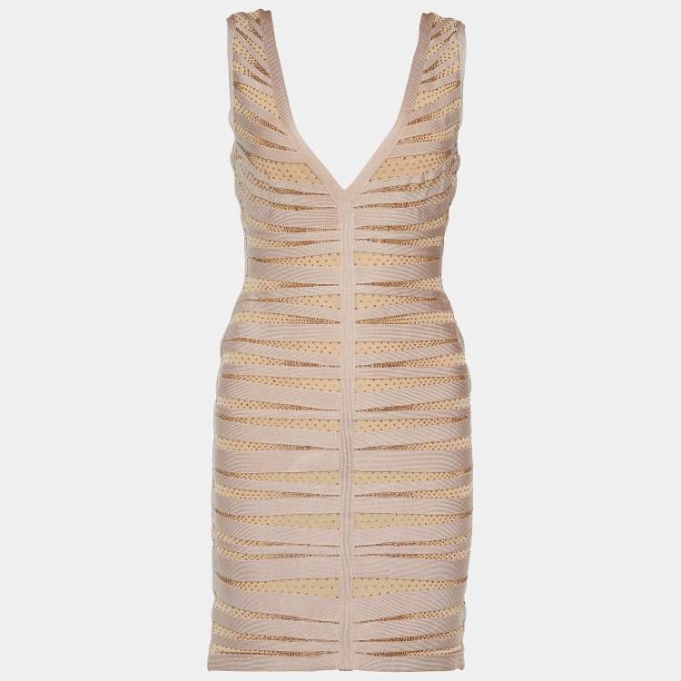 Pre Owned Herve Leger Pale Pink Embellished Eliza Bodycon Dress M