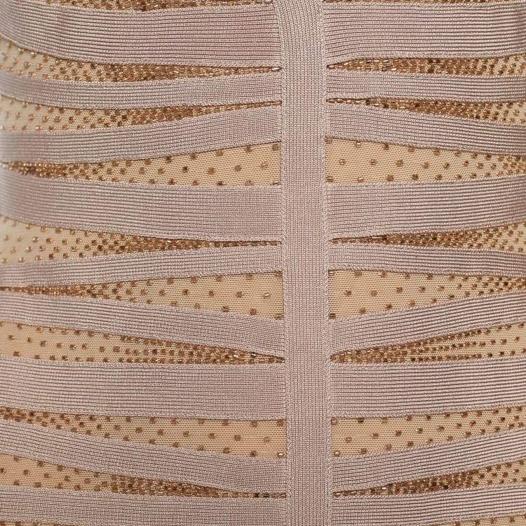 Pre Owned Herve Leger Pale Pink Embellished Eliza Bodycon Dress M