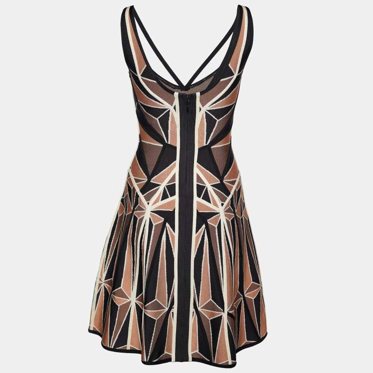 Pre Owned Herve Leger Brown Geometric Patchwork Jacquard Knit Hazel Mini Dress S