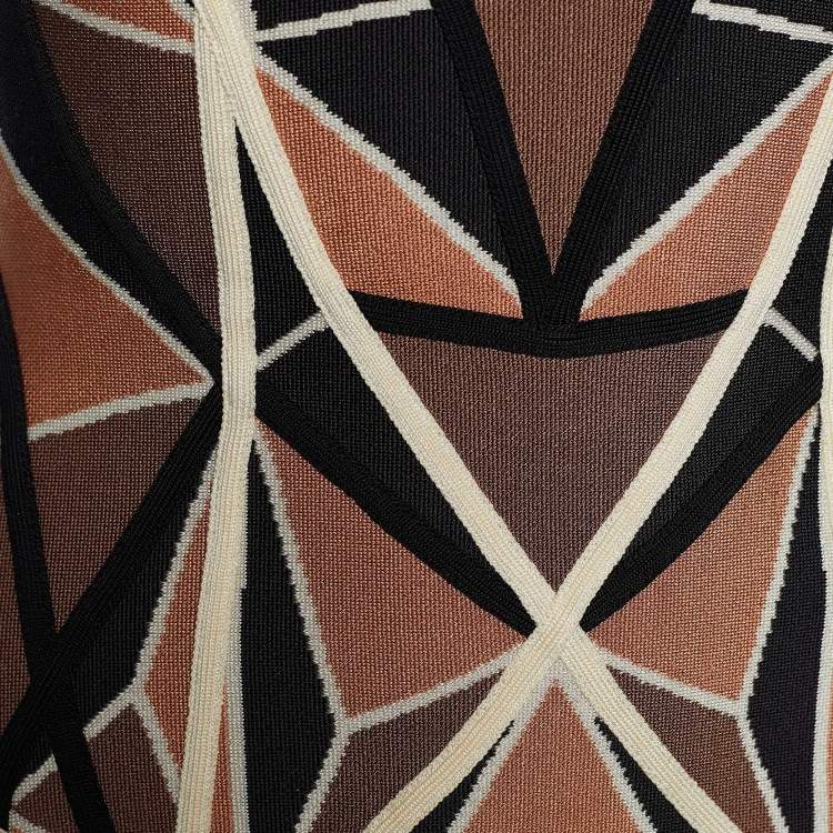 Pre Owned Herve Leger Brown Geometric Patchwork Jacquard Knit Hazel Mini Dress S