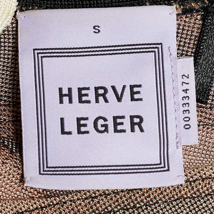 Pre Owned Herve Leger Brown Geometric Patchwork Jacquard Knit Hazel Mini Dress S