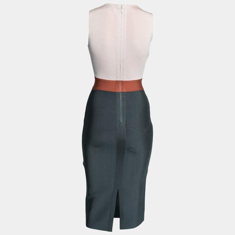 Pre Owned Herve Leger Dust Pink & Teal Stretch Knit Crossover Bodycon Dress XS
