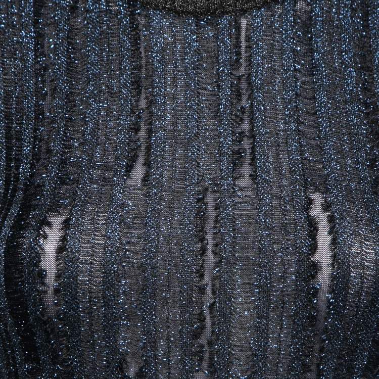 Pre Owned Herve Leger Metallic Blue & Black Stretch Knit Frayed Ribbed Detail Jumpsuit M