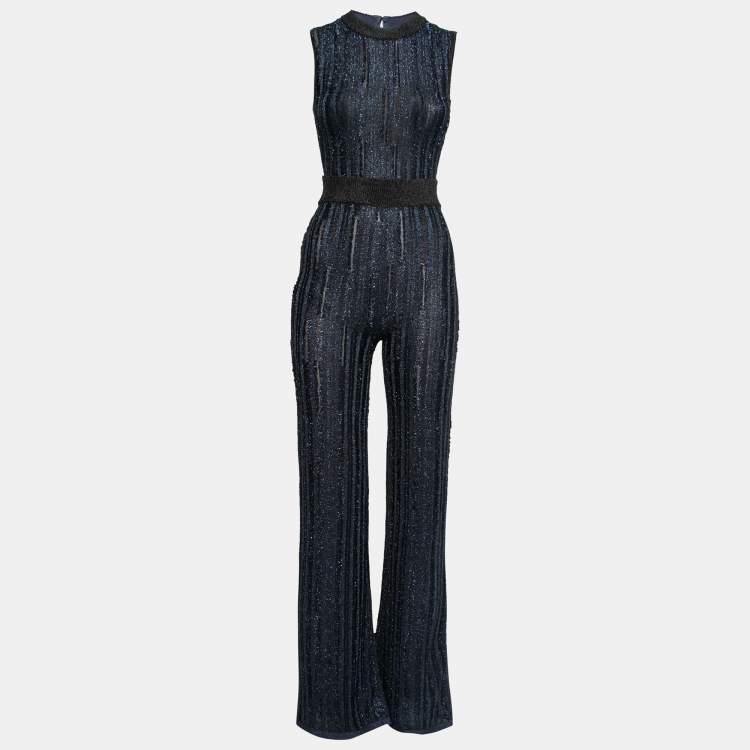 Pre Owned Herve Leger Metallic Blue & Black Stretch Knit Frayed Ribbed Detail Jumpsuit M