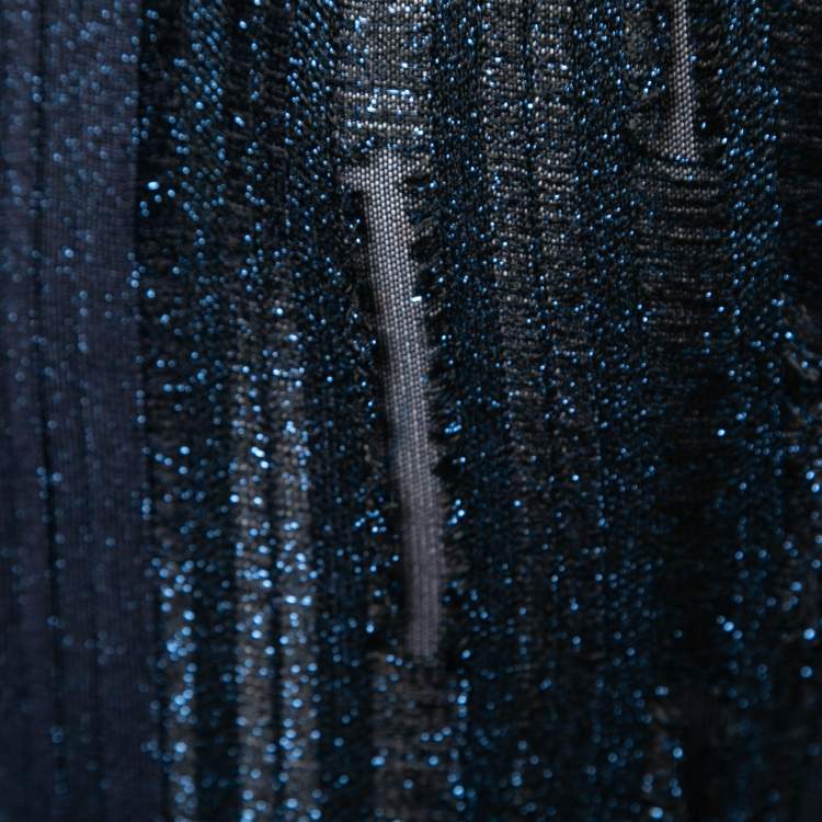 Pre Owned Herve Leger Metallic Blue & Black Stretch Knit Frayed Ribbed Detail Jumpsuit M