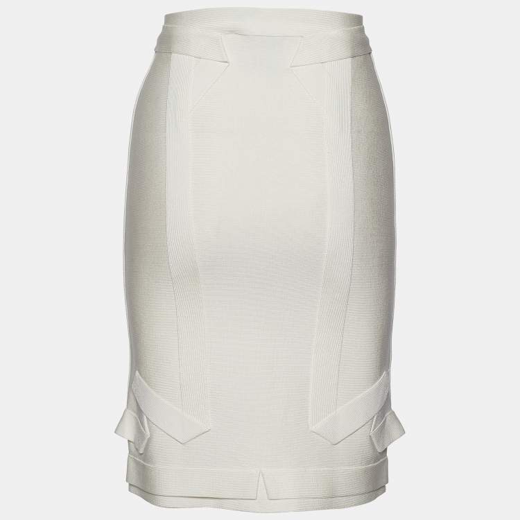 Pre Owned Herve Leger Alabaster Knit Origami Fold Detail Maddison Zip Front Skirt S